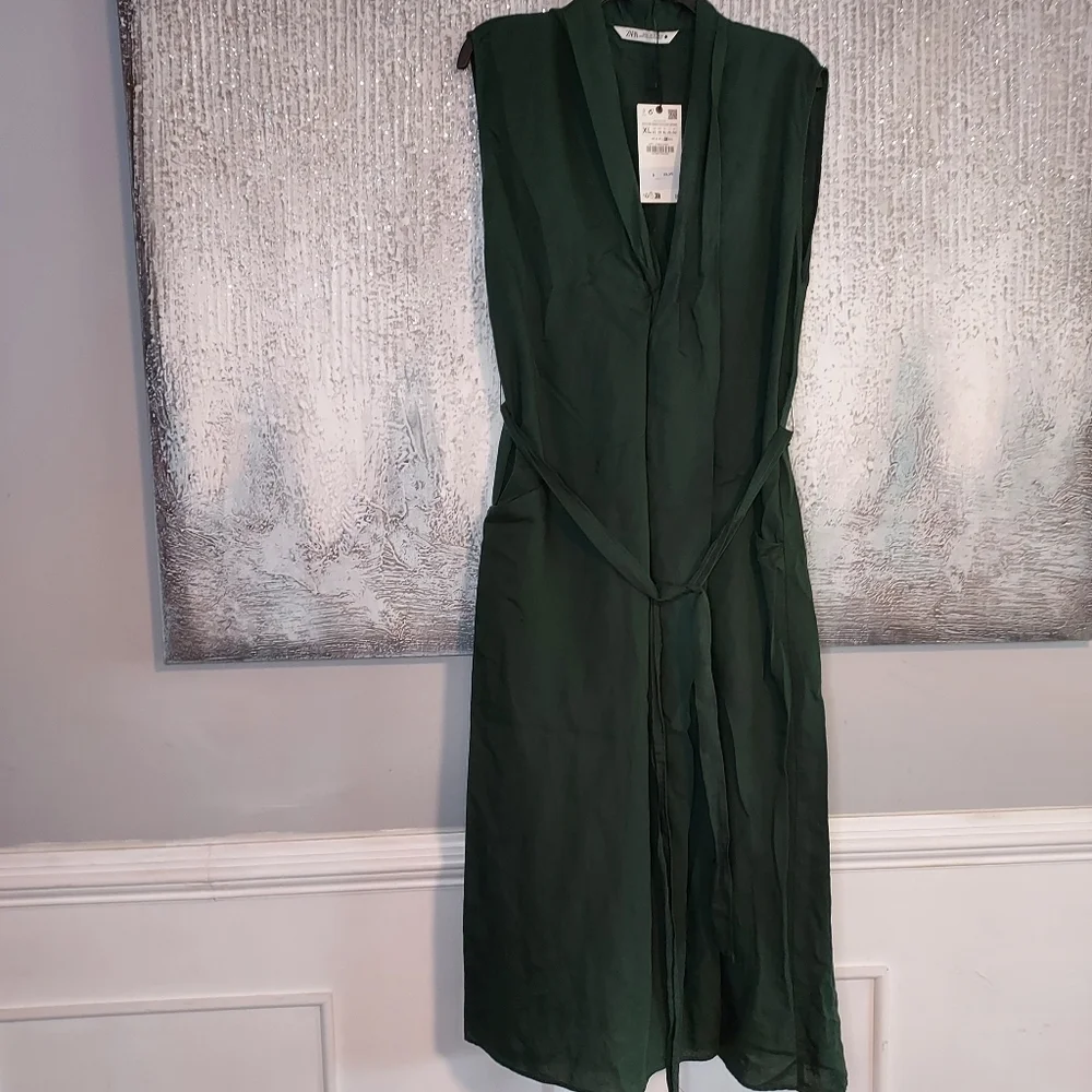ZARA Belted Midi Linen Blend Dress Sz-XL - Picture 11 of 12